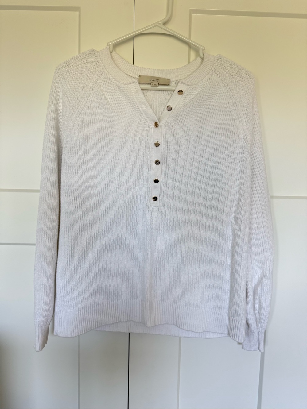 LOFT White Waffle-Knit Henley Sweater